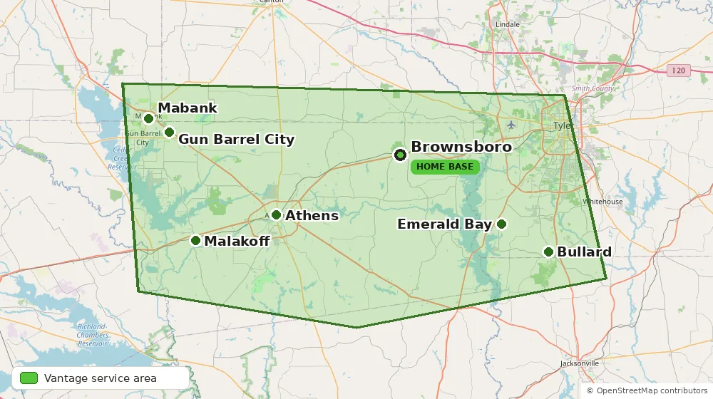 Vantage Home Inspections service area map — Athens, Cedar Creek Lake, Lake Palestine, Brownsboro and surrounding East Texas towns